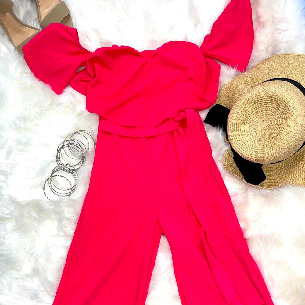Hot Pink Jumpsuit off shoulder “like new”